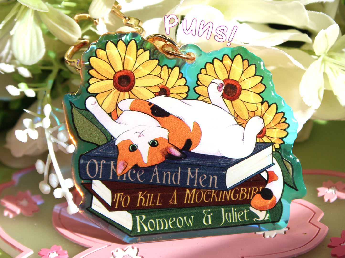 Calico Cat with Book Puns Charm