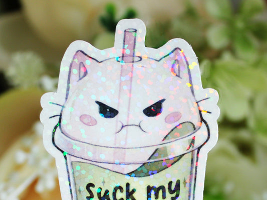 Rude Boba Pun Glitter Sticker