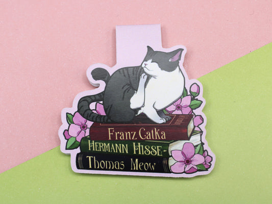 Silver Cat and Book Puns Magnetic Bookmark