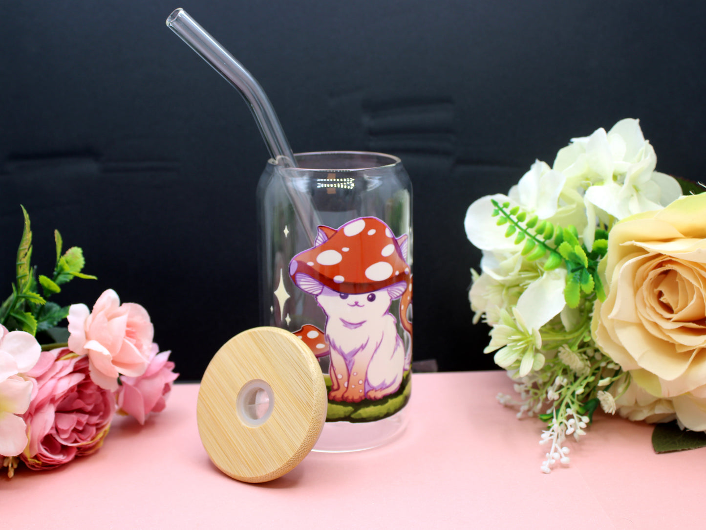 Meowshroom Glass Tumbler with lid