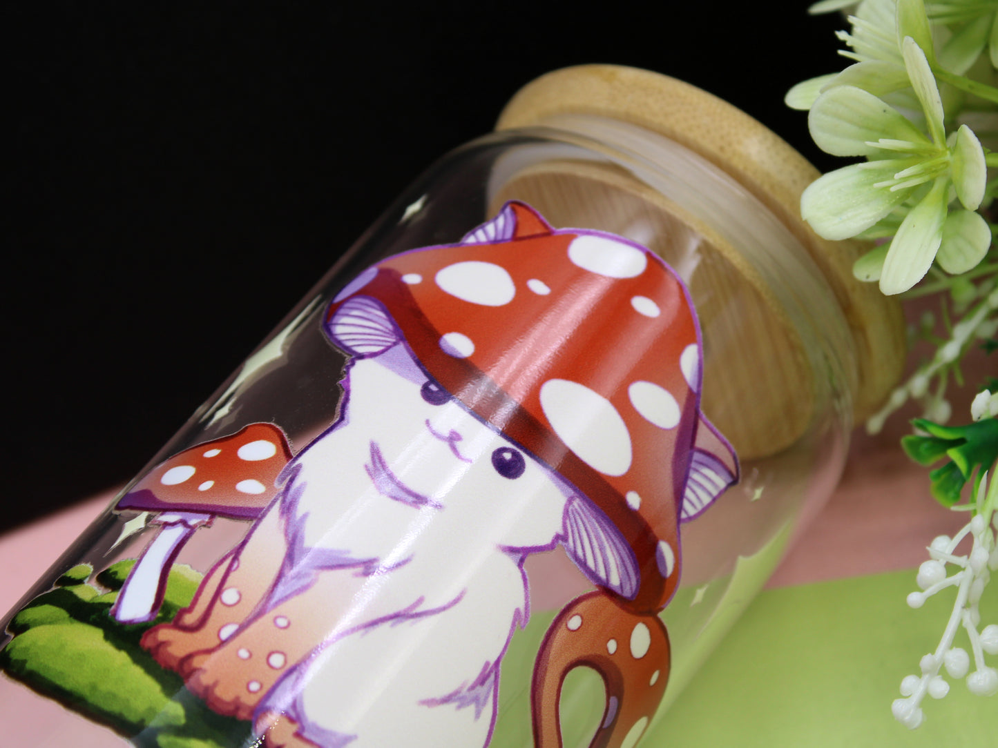 Meowshroom Glass Tumbler with lid