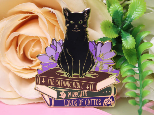 Black Cat on Book with Puns Hard Enamel Pin