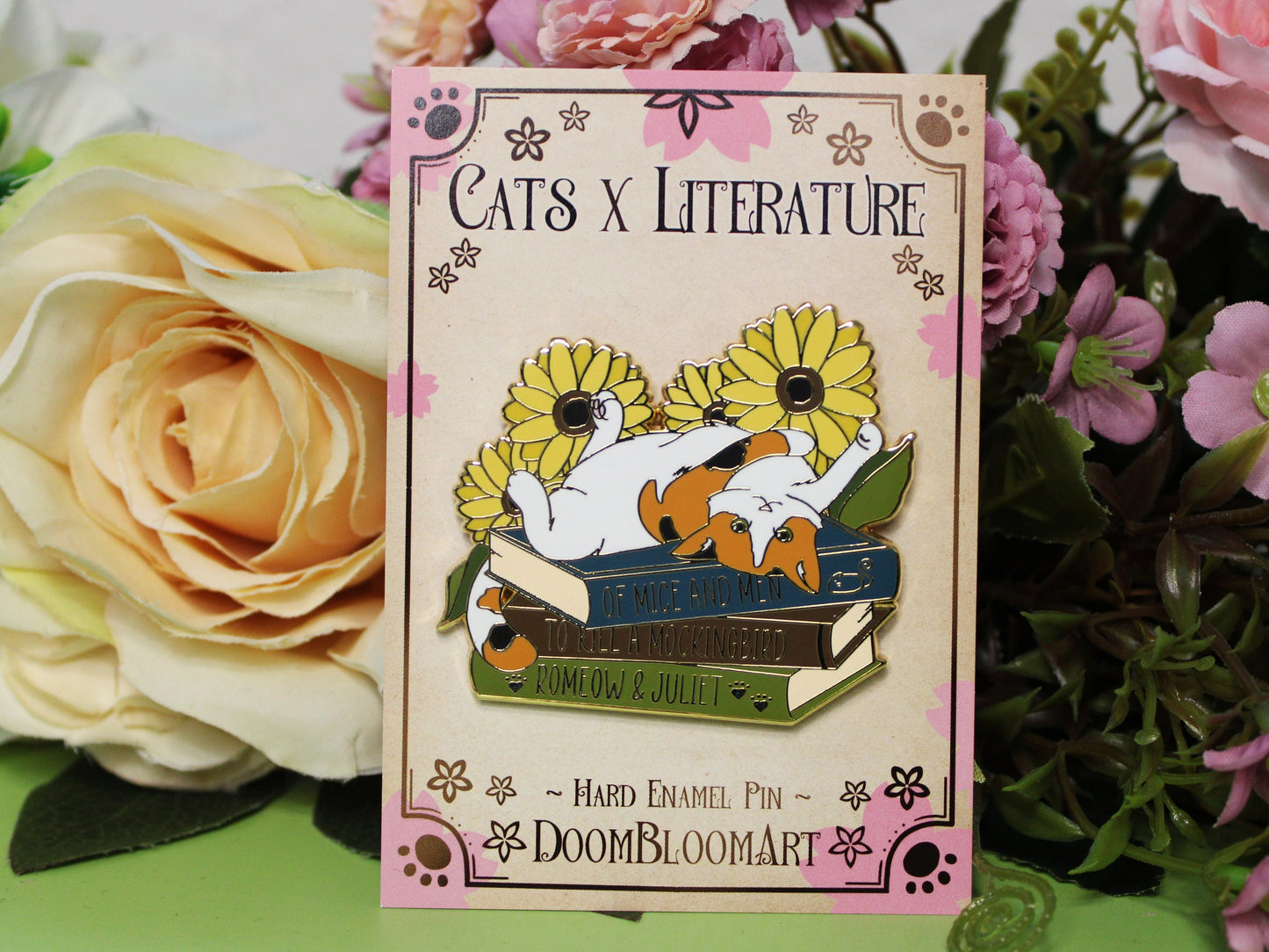 Calico Cat on Book with Puns - Hard Enamel Pin