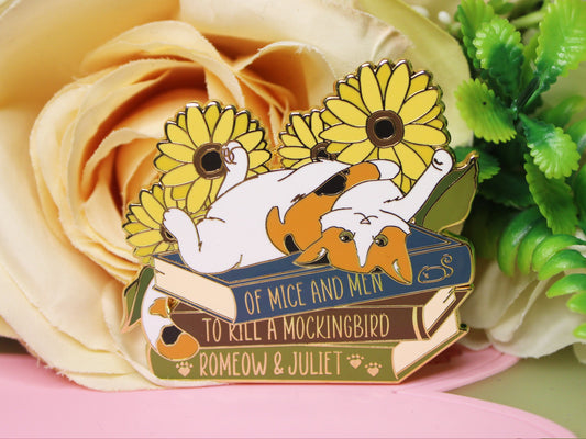Calico Cat on Book with Puns - Hard Enamel Pin