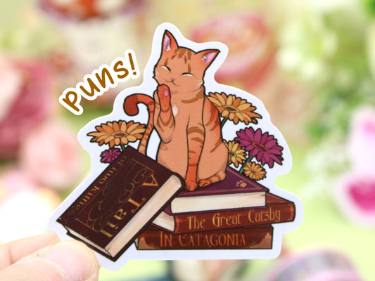 Orange Cat and Book Puns Sticker
