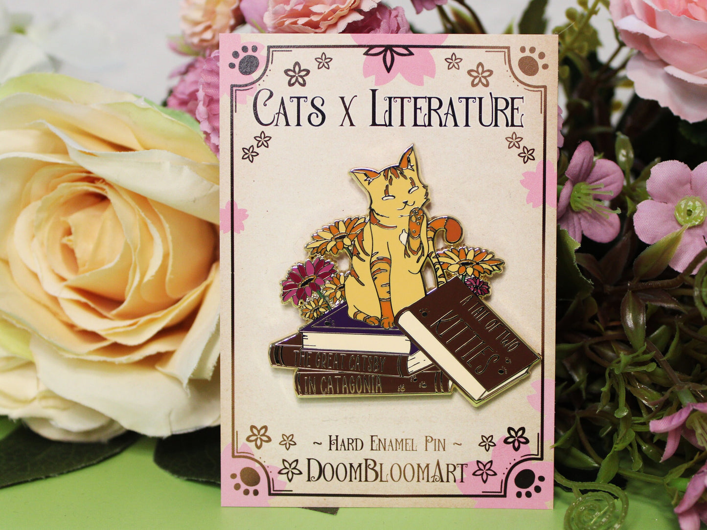 Orange Cat on Book with Puns Hard Enamel Pin