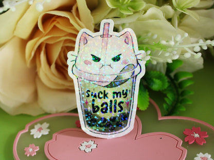 Rude Boba Pun Glitter Sticker