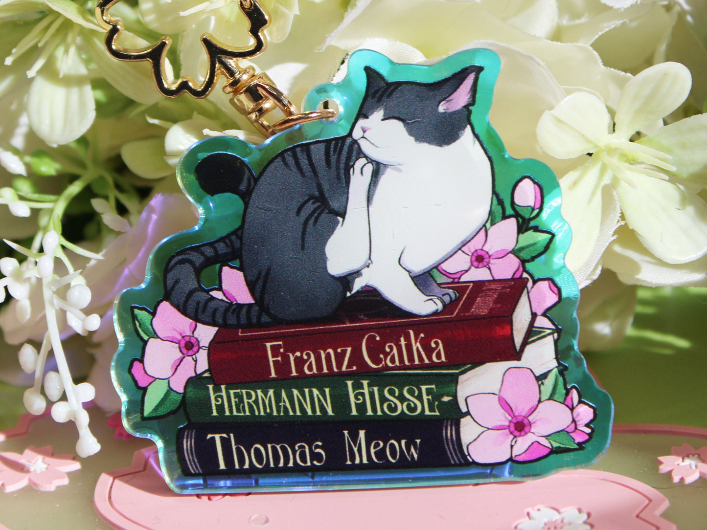Silver Cat with Book Puns Charm