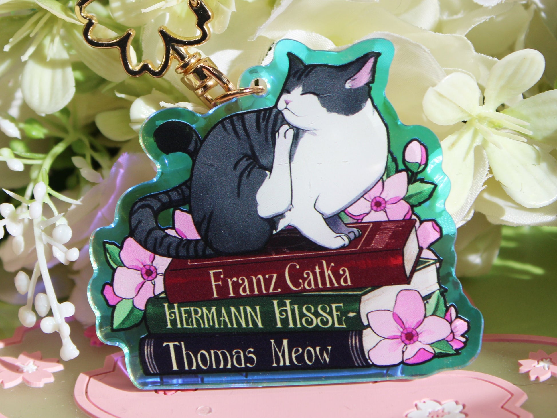 Silver Cat with Book Puns Charm