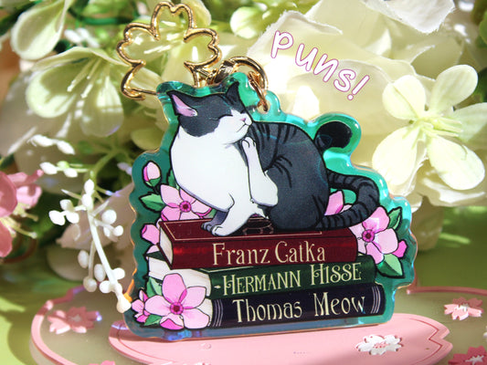 Silver Cat with Book Puns Charm