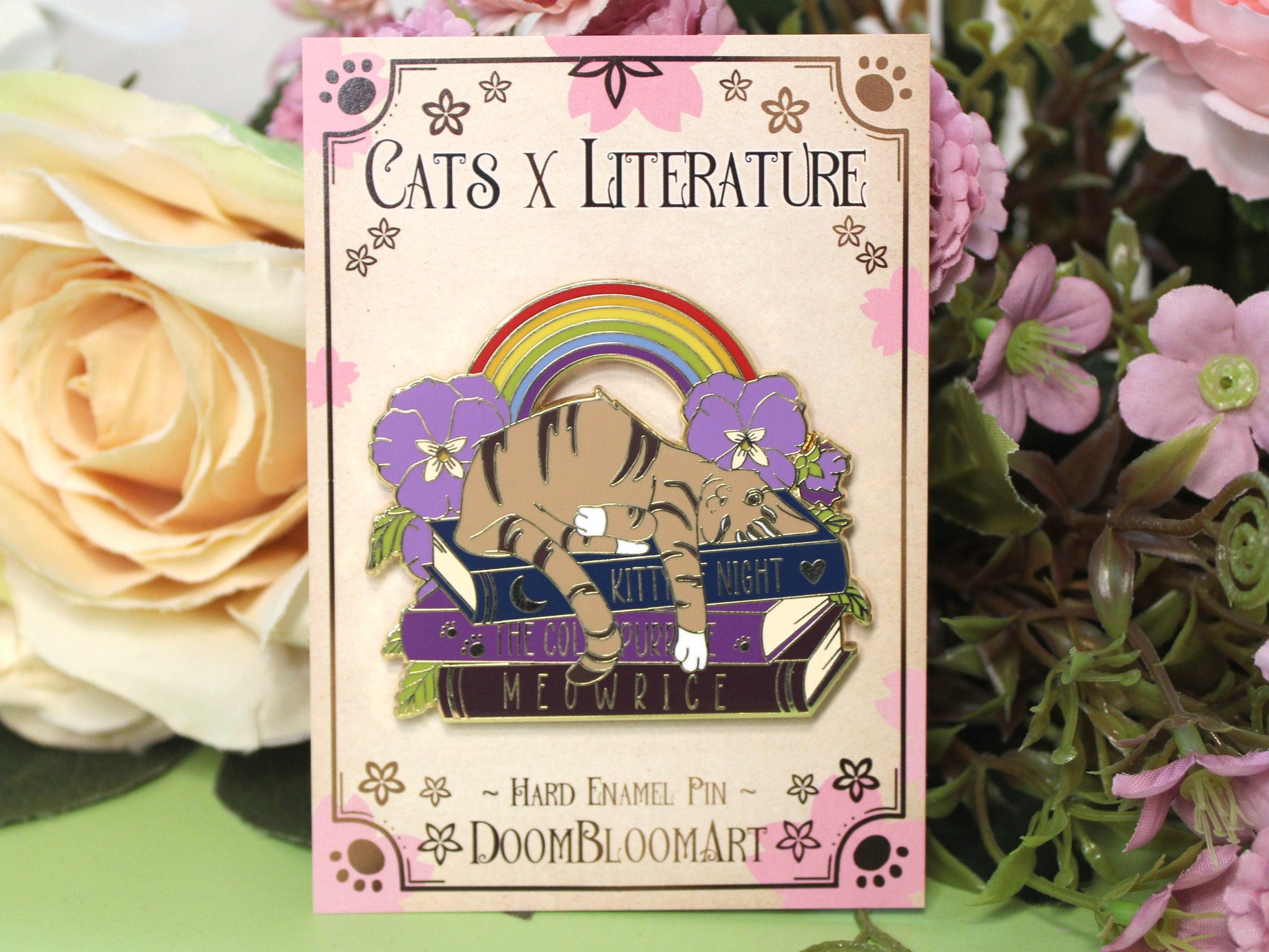 Tabby Cat on Book with Puns and Rainbow Hard Enamel Pin