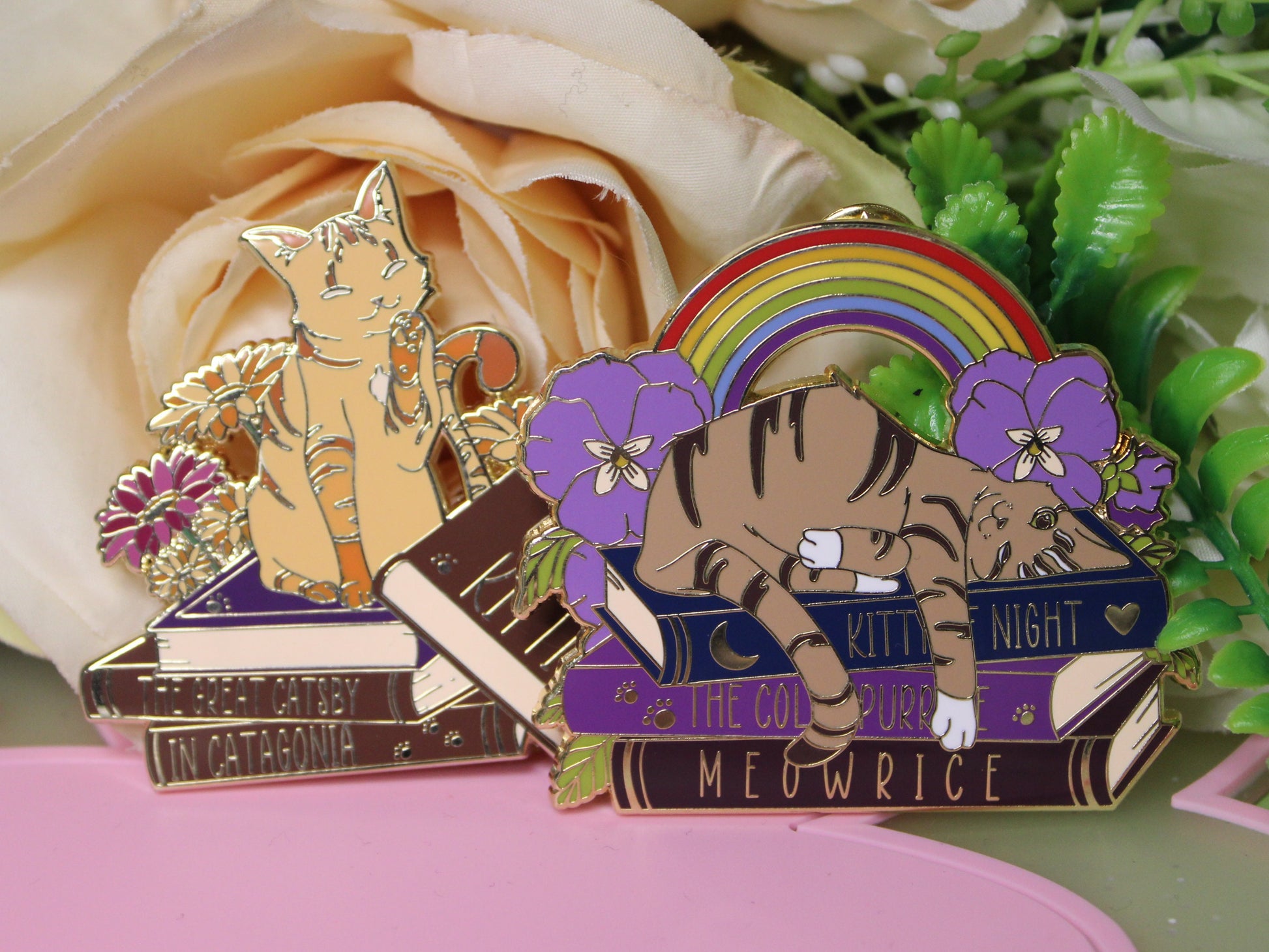 Tabby Cat on Book with Puns and Rainbow Hard Enamel Pin