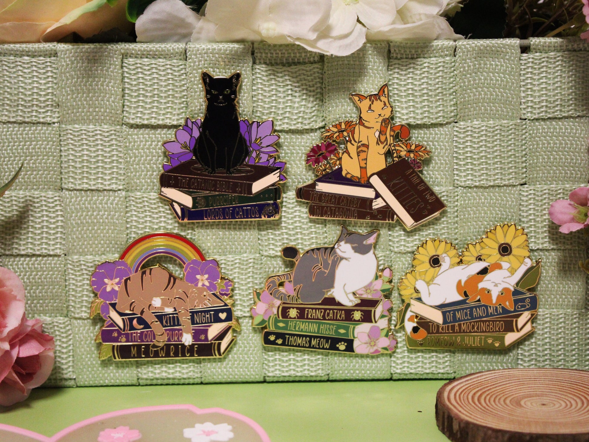 Tabby Cat on Book with Puns and Rainbow Hard Enamel Pin