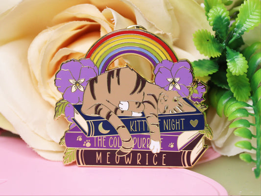 Tabby Cat on Book with Puns and Rainbow Hard Enamel Pin