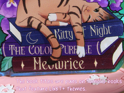 Tabby Cat with Rainbow and Book Puns Charm