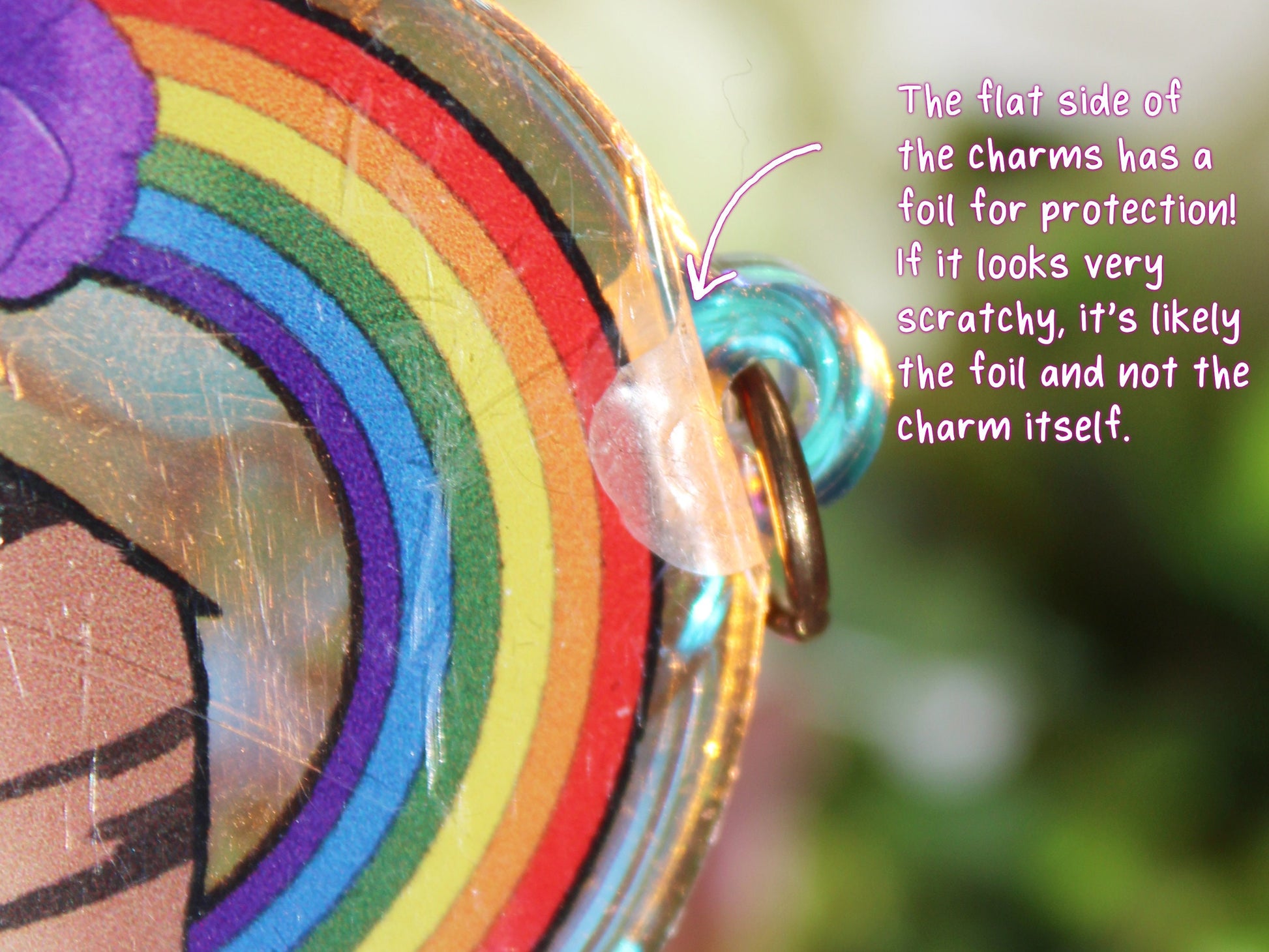 Tabby Cat with Rainbow and Book Puns Charm