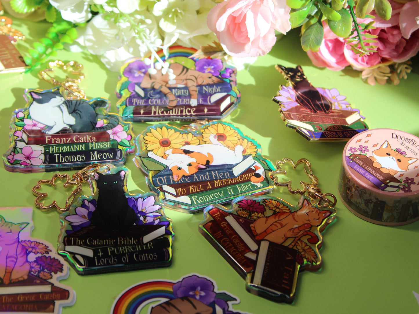 Tabby Cat with Rainbow and Book Puns Charm