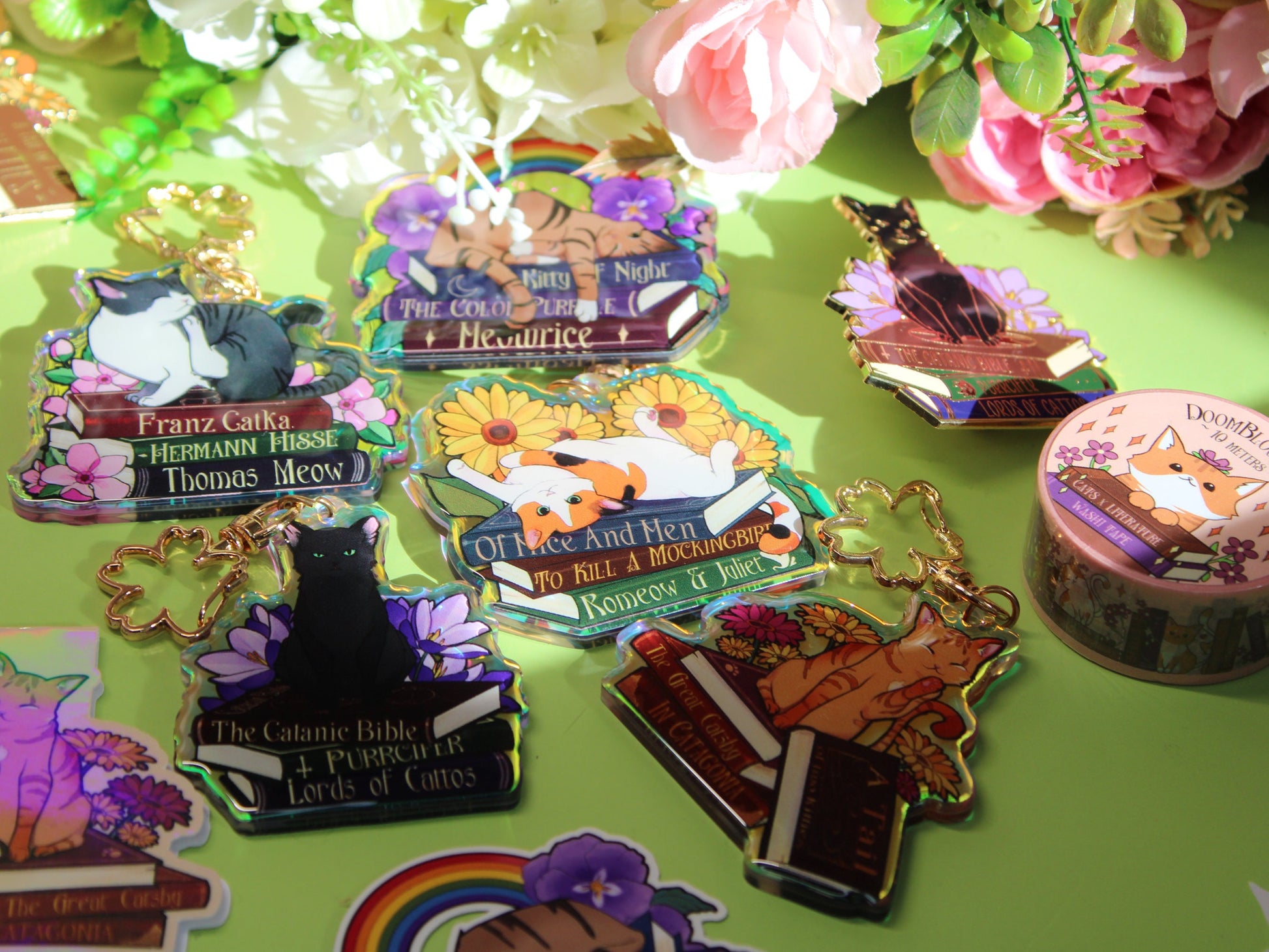 Tabby Cat with Rainbow and Book Puns Charm