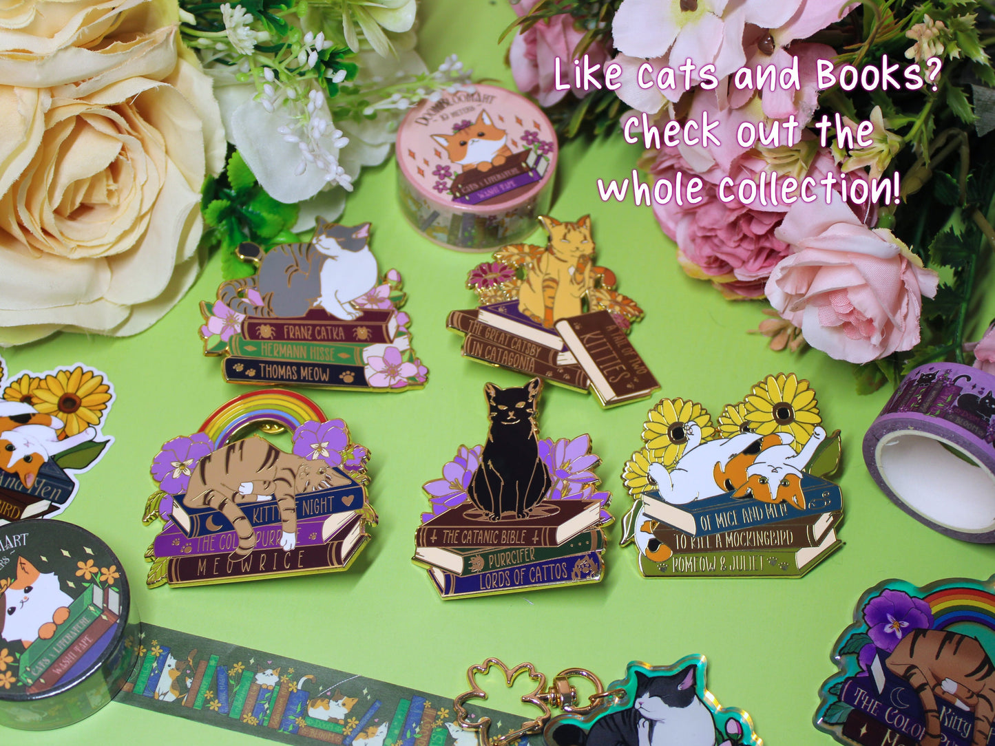 Tabby Cat with Rainbow and Book Puns Charm