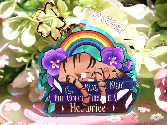 Tabby Cat with Rainbow and Book Puns Charm