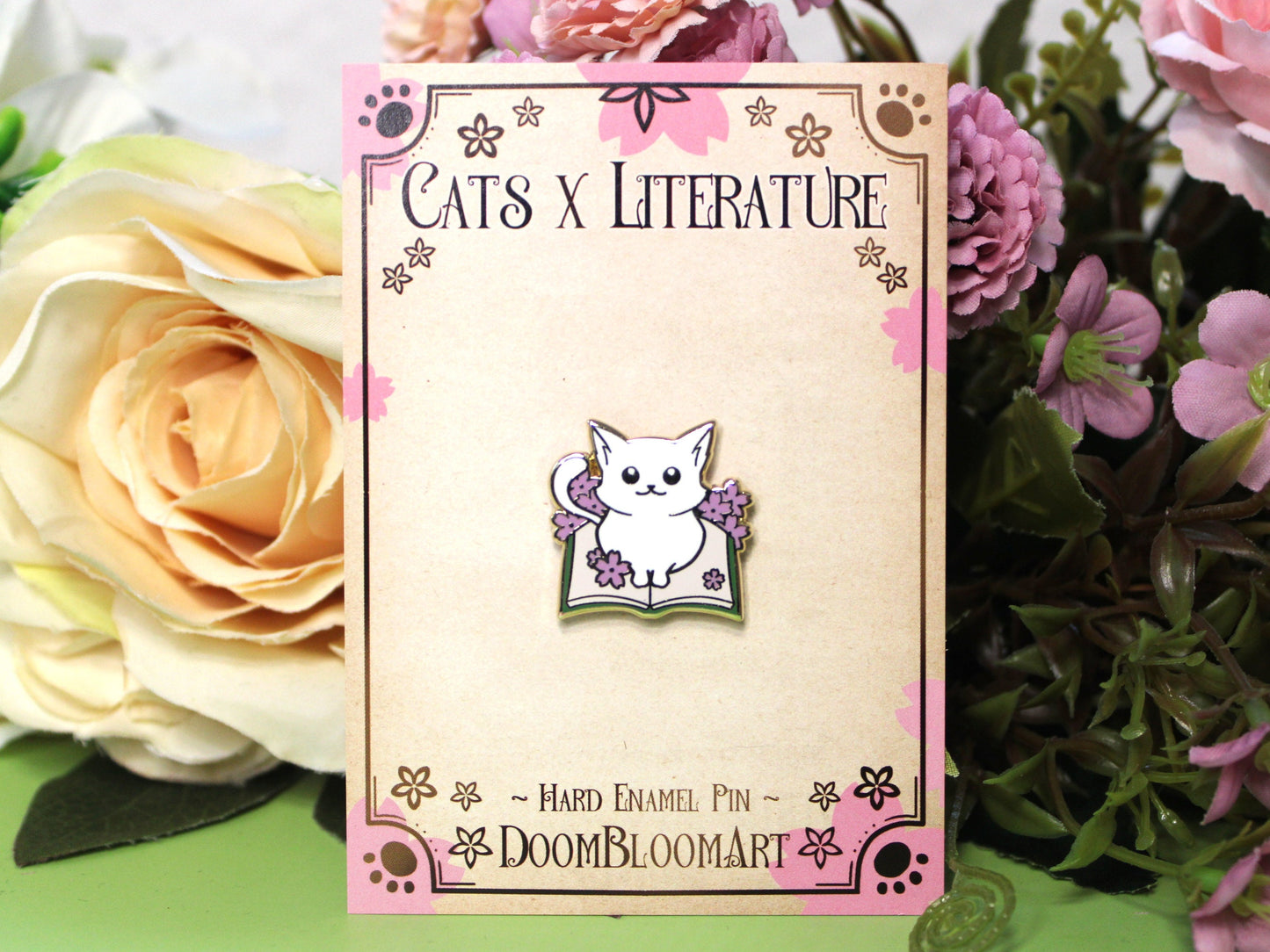 White Kitty on Book Hard Enamel Pin