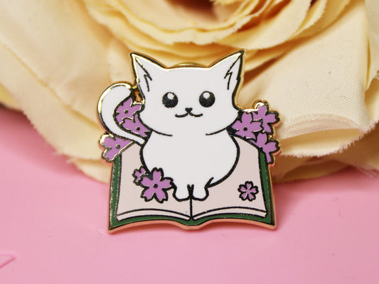White Kitty on Book Hard Enamel Pin