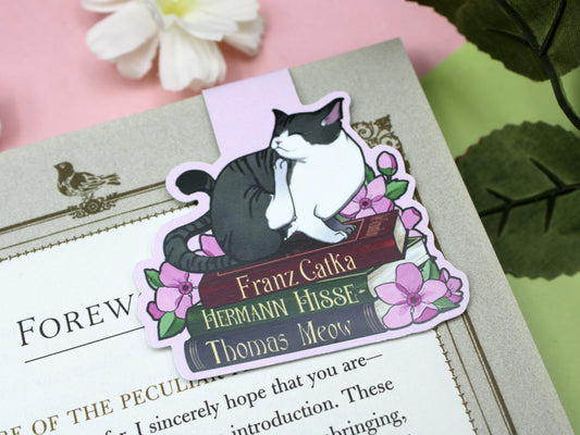 Silver Cat and Book Puns Magnetic Bookmark