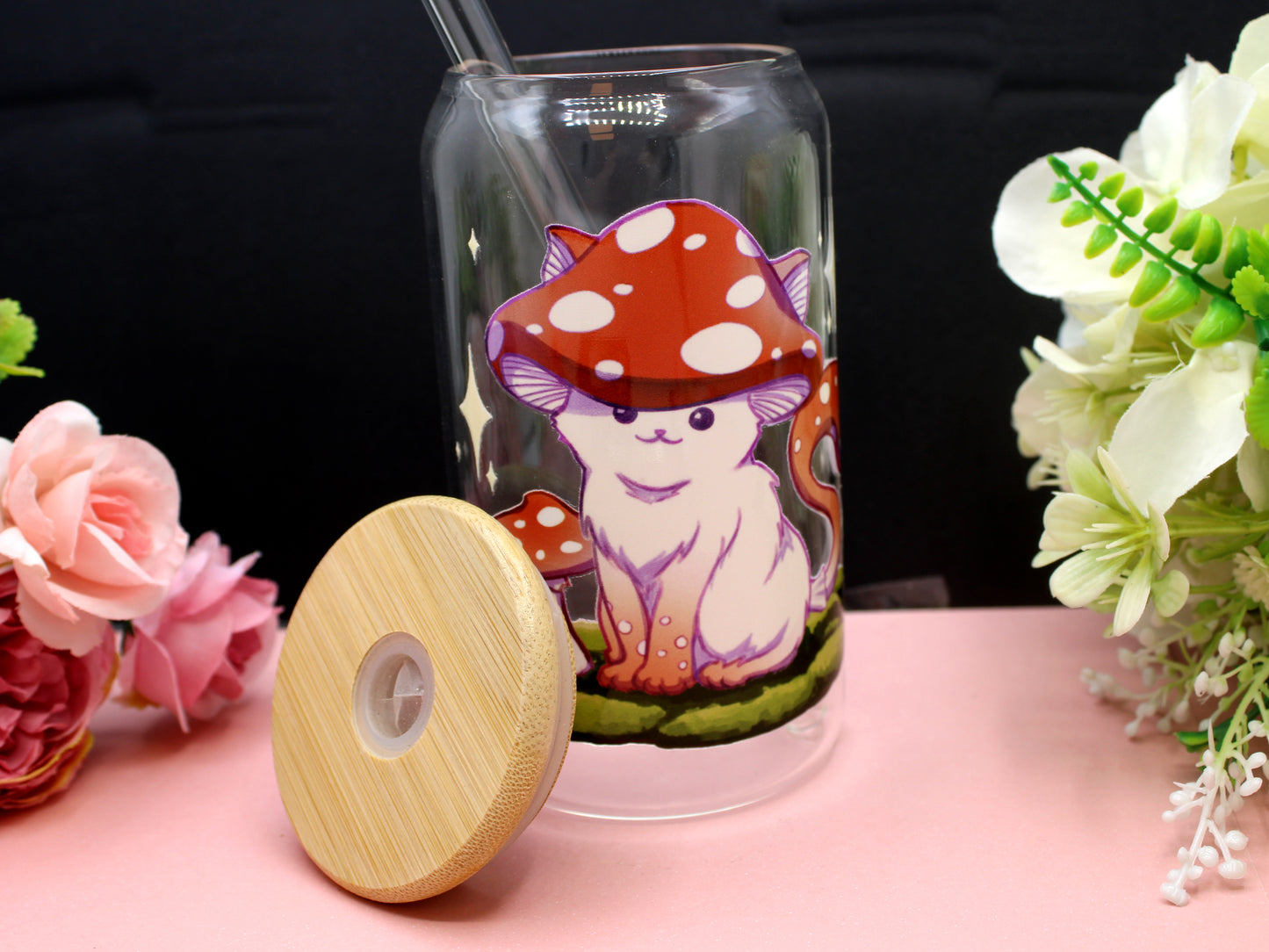 Meowshroom Glass Tumbler with lid