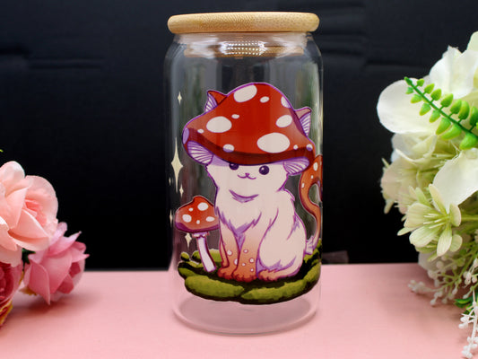 Meowshroom Glass Tumbler with lid