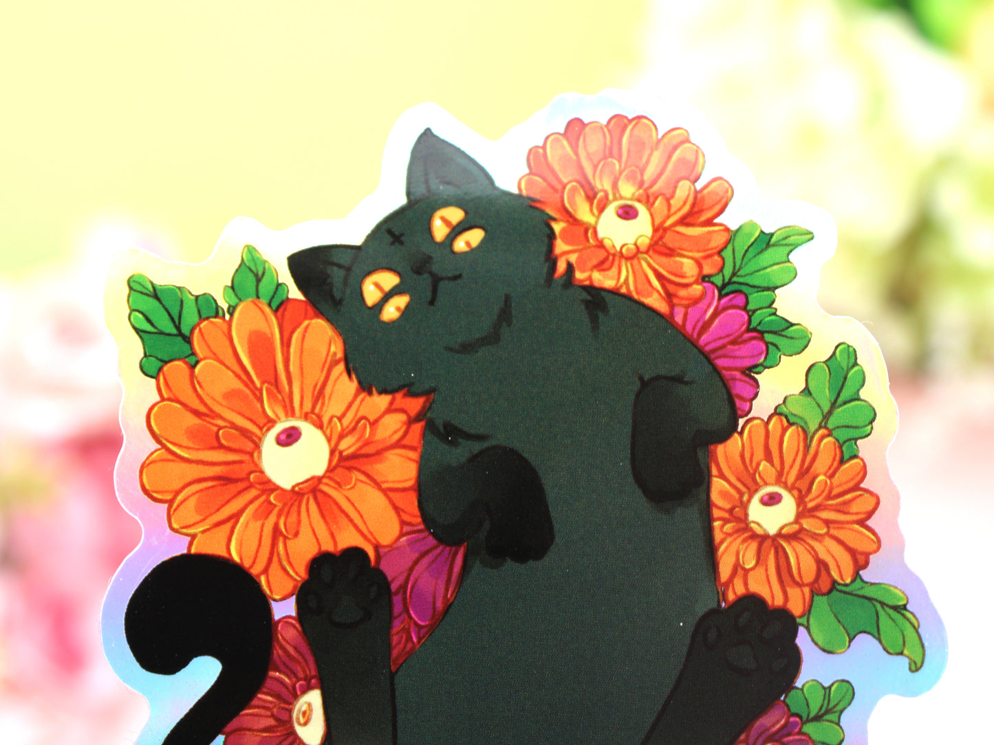 Four Eyed Cat On Gerbera Flowers Sticker