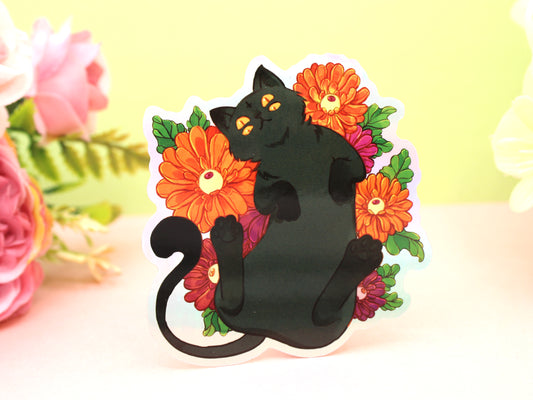 Four Eyed Cat On Gerbera Flowers Sticker
